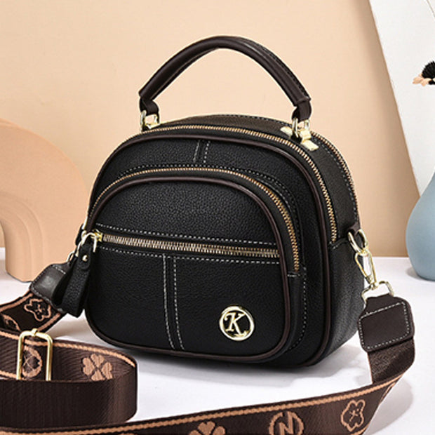 Double Compartment Round Handbag For Women Dating Leather Crossbody Purse