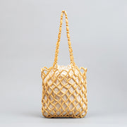 Wooden Bead Tote With Woven Lining Shoulder Bag For Women