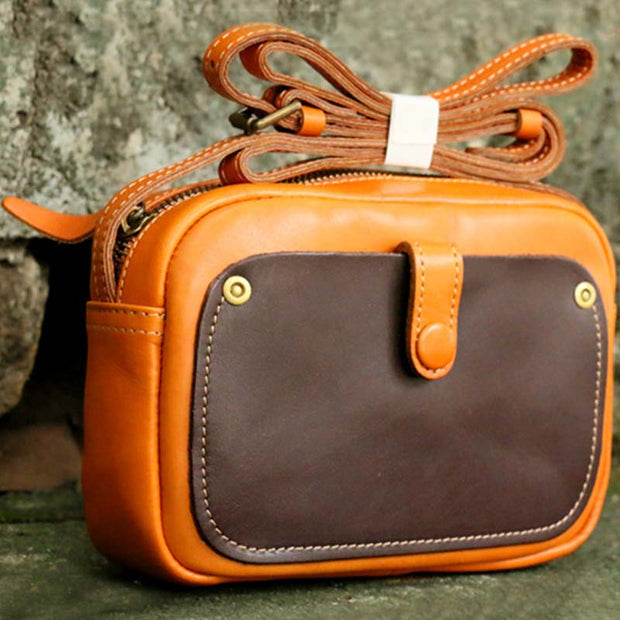 Vintage Crossbody Bag For Women Contrast Color Genuine Leather Purse