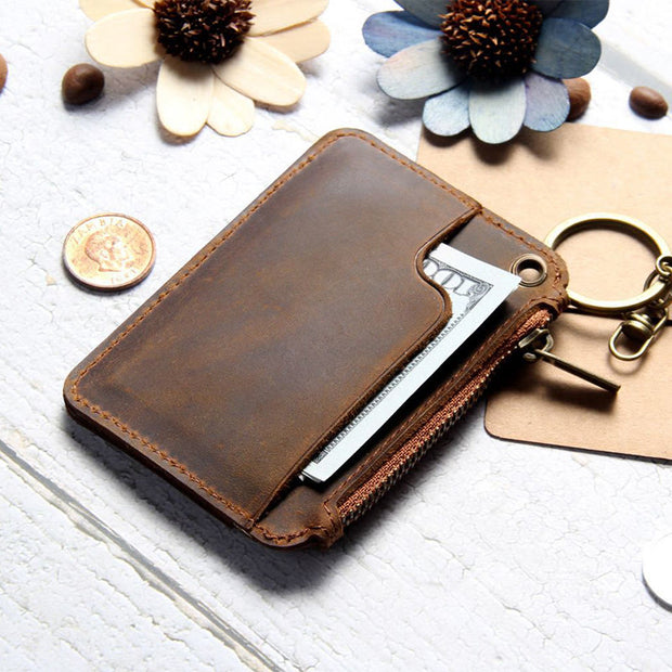 Retro Genuine Leather Small Wallet Zip Coin Purse with Key Chain