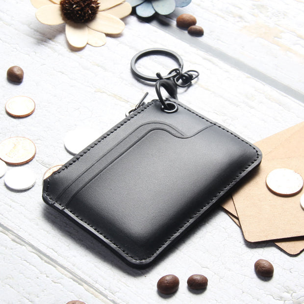 Retro Genuine Leather Small Wallet Zip Coin Purse with Key Chain