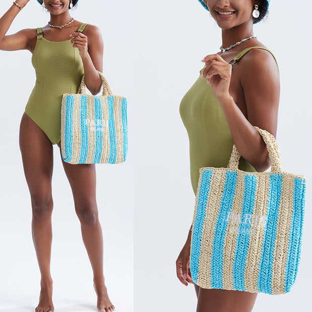 Beach Bag For Women Summer Holiday Travel Striped Straw Handbag