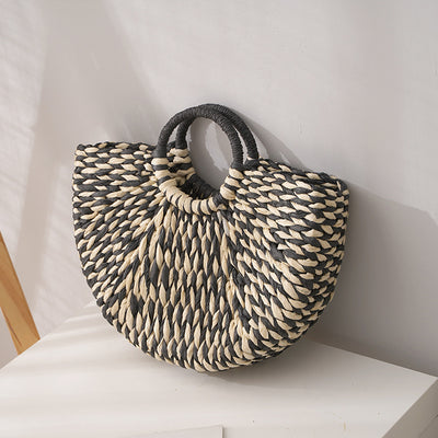 Half Round Straw Bag Elegant Rattan Bucket Handbag For Women