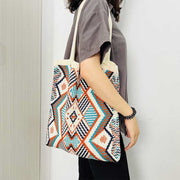 Fashion Woven Tote for Women Lightweight Geometric Print Shoulder Bag