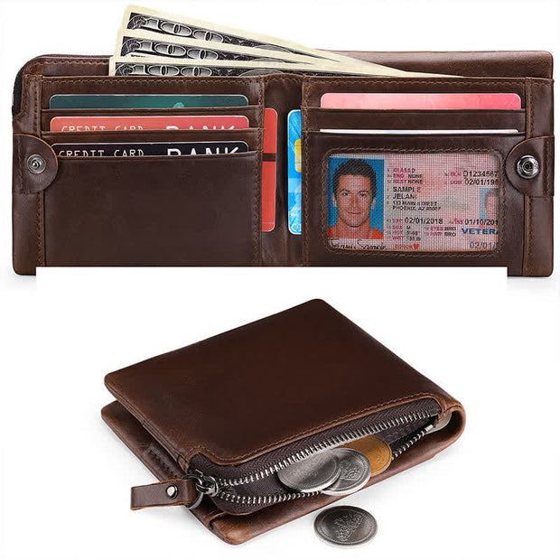 Men's RFID-Blocking Leather Bifold Wallet with Zipper Coin Purse