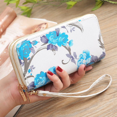 Long Floral Rose Clutch For Women Elegant Double Zipper Wallet
