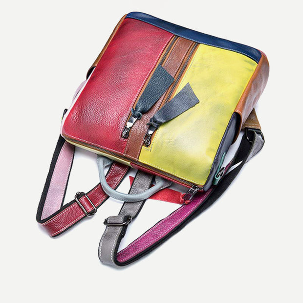 Women Backpack Purse Convertible Shoulder Bag Genuine Leather Colorblock Casual Daypack