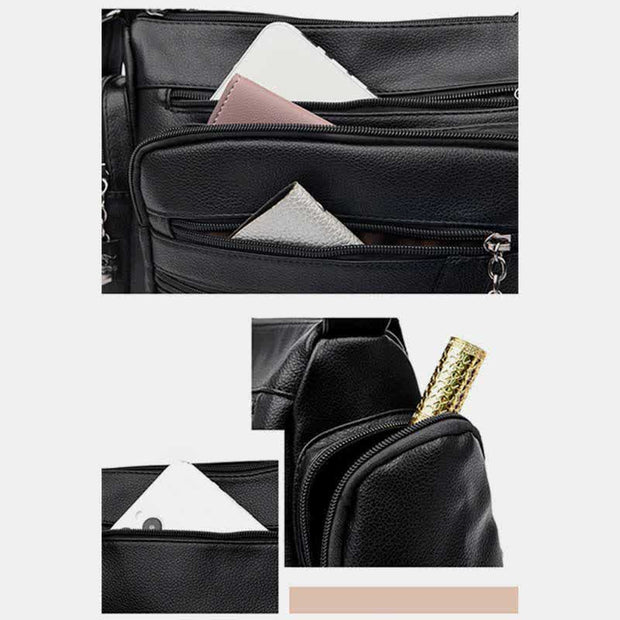 Multi-Pocket Leather Crossbody Bag Large Capacity Satchel Daypack Shoulder Bag