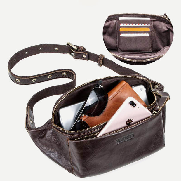 Genuine Leather Waist Bag Chest Bag with Adjustable Belt