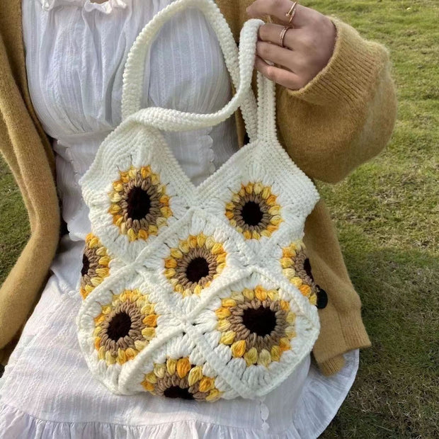 Cute Sunflower Handbag Crochet Hand Woven Shoulder Bag For Women