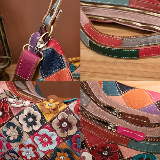 Multi-Color Floral Genuine Leather Boston Bag Hobo Tote Handbag Crossbody Bag