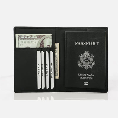 RFID Blocking Travel Wallet with Passport Holder Genuine Leather Card Case