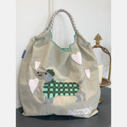 Cute Dog Embroideried Handbag Durable Drawstring Shoulder Bag For Women