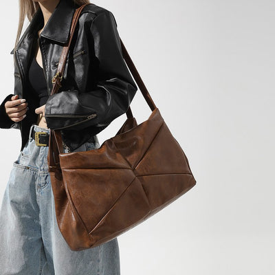 Large Leather Shoulder Bag Retro Plain Color Horizontal Travel Purse