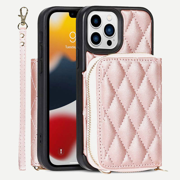 iPhone Phone Case Quilted Leather Wallet Case Card Holder with Crossbody Strap