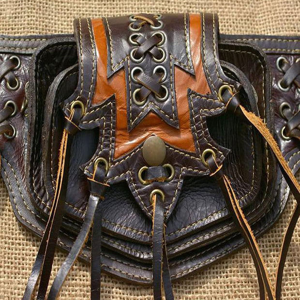 Large Leather Utility 2-Pouch Handmade Practical Tassel Waist Belt Bag