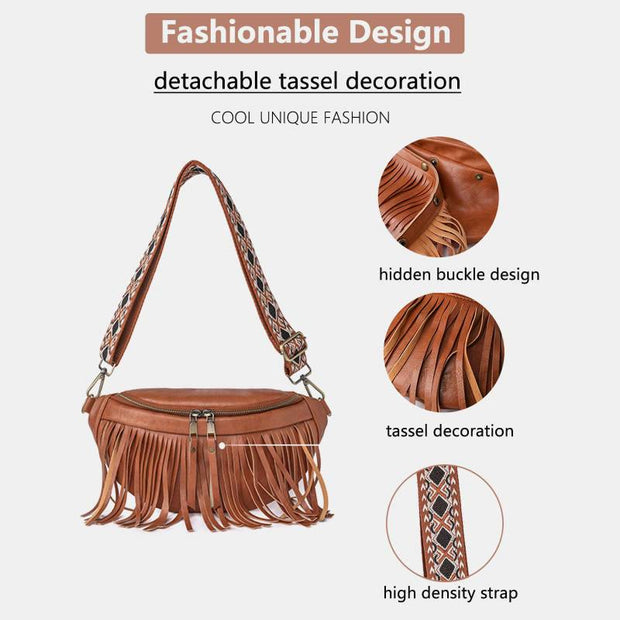 Faux Leather Tassel Waist Bag Chest Bag For Women