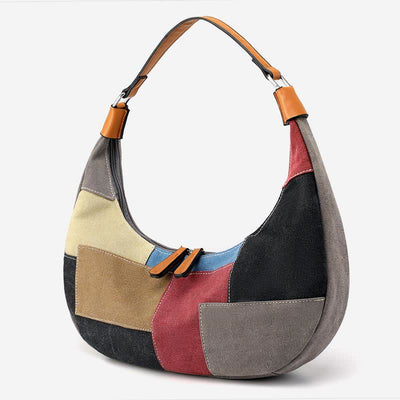 Canvas Color Block Crescent Hobo Shoulder Bag Under the Arm Purse