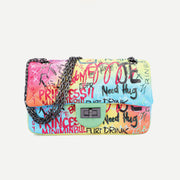 Graffiti Party Handbag for Women Quilted Shoulder Bag with Metal Chain Strap