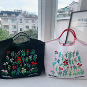 Floral Embroideried Handbag Durable Drawstring Nylon Shoulder Bag For Women