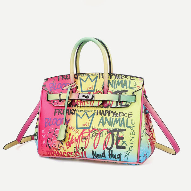 Graffiti Top Handle Satchel for Women Large Colorful Tote with Crossbody Strap