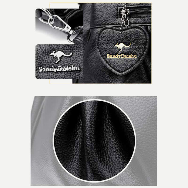 Triple Compartment Handbag Top-Handle Satchel PU Leather Crossbody Purse