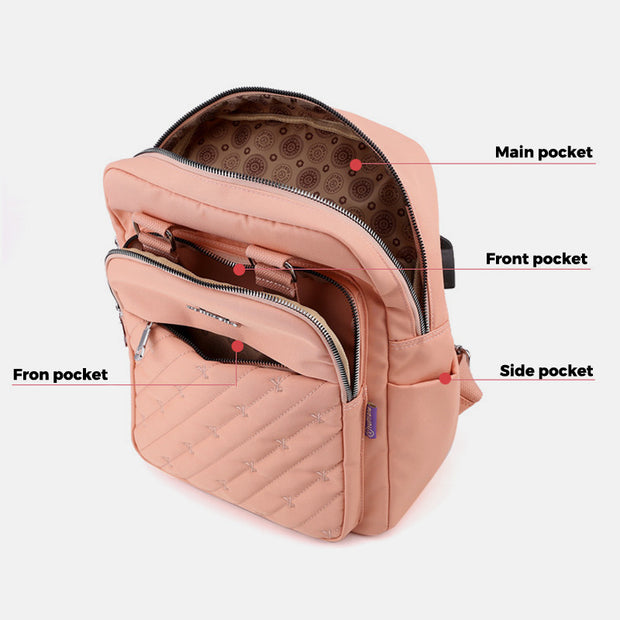Lightweight Embossing Embroidery Backpack With USB Charging Port