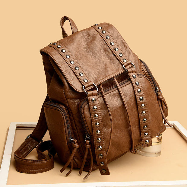 Rivet Backpack For Women Travel Soft Plain Color Leather Daypack