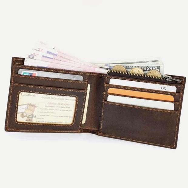 Retro RFID Blocking Crazy Horse Leather Bifold Wallet with ID Window