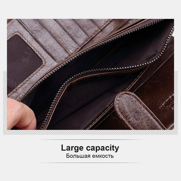 Retro Splicing Long Slim Purse Real Leather Trifold Wallet
