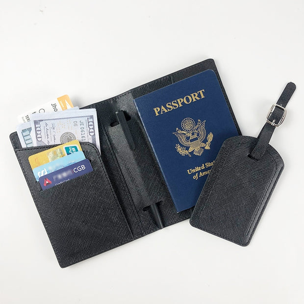 Passport Holder For Travel Cross Pattern Leather With Luggage Tag