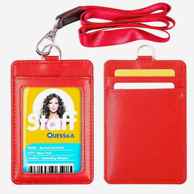 Genuine Leather ID Badge Holder with Vertical Clear ID Window Neck Lanyard