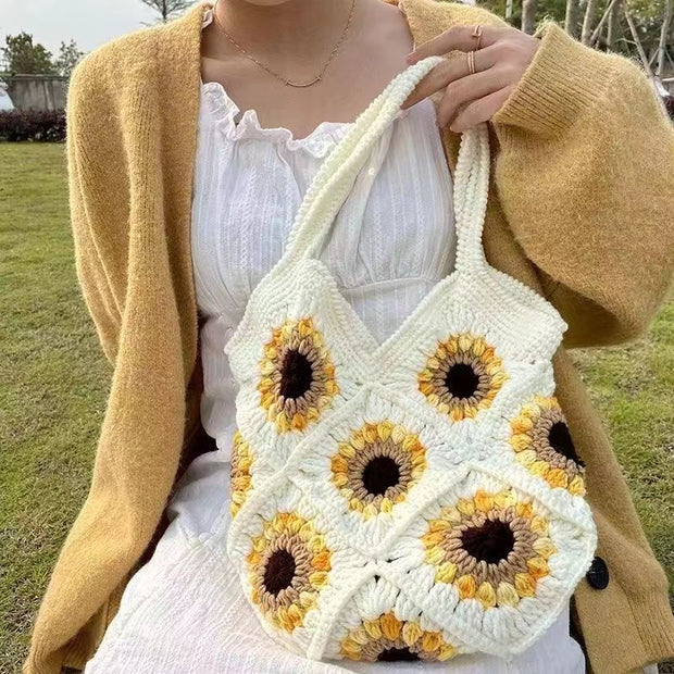 Cute Sunflower Handbag Crochet Hand Woven Shoulder Bag For Women