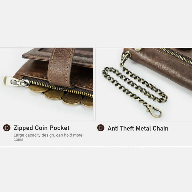 Men's Genuine Leather RFID Blocking Bifold Wallet with Anti-theft Chain