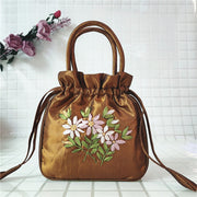 Embroidery Floral Clutch Drawstring Bucket Bag Handbag Party Bag