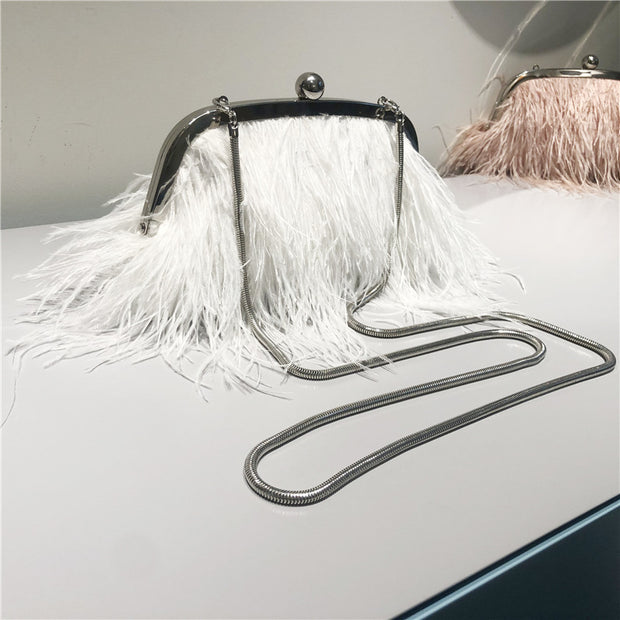 Pearl Chain Crossbody Bag For Women Ostrich Fur Handbag