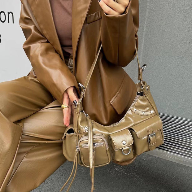 Glossy Leather Underarm Bag For Women Rivet Tassel Crossbody Bag