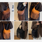 Tassel Underarm Bag For Women Retro Crescent Leather Shoulder Bag