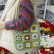 Hand-Woven Check Shoulder Bag Green Flower Stitching Tote