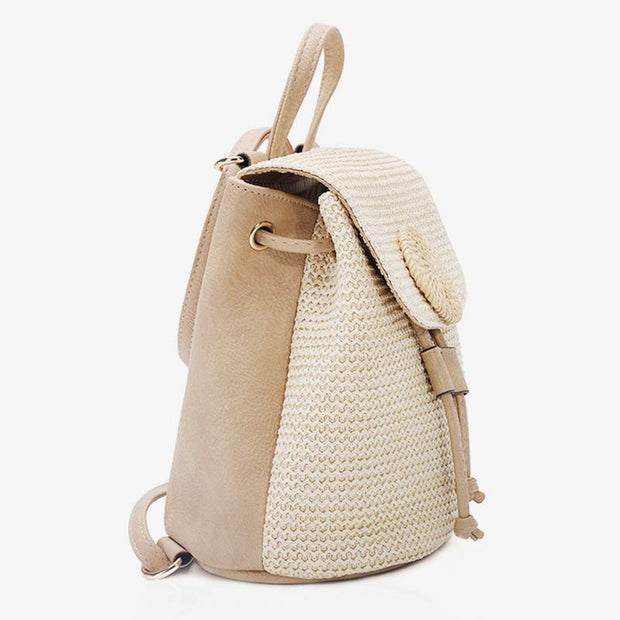 Women Straw Backpack Summer Beach Woven Drawstring Handbag Shoulder Bag