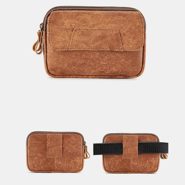Genuine Leather Double Zip Waist Bag Pouch with Belt Loop