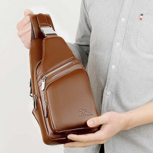 Leather Sling Bag with USB Charging Port Hiking Travel Chest Bag