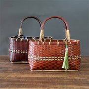 Retro Basket Bag Bamboo Strips Woven Purse Straw Handbag