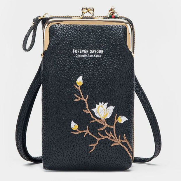 Multi-Slot Elegant Floral Embroidery Crossbody Phone Bag