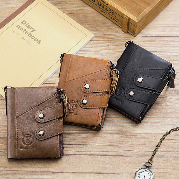 RFID Genuine Leather Retro Zipper Wallet
