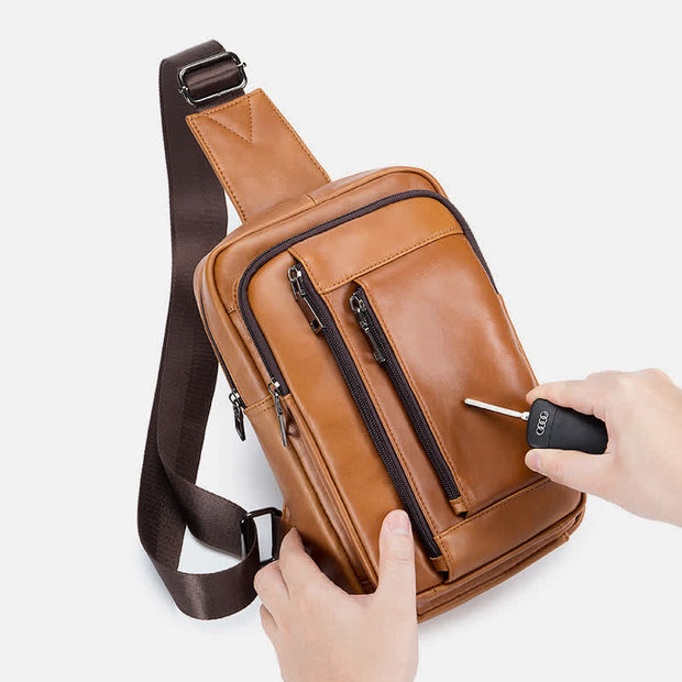 Vintage Genuine Leather Sling Bag Multi Pocket Crossbody Chest Daypack
