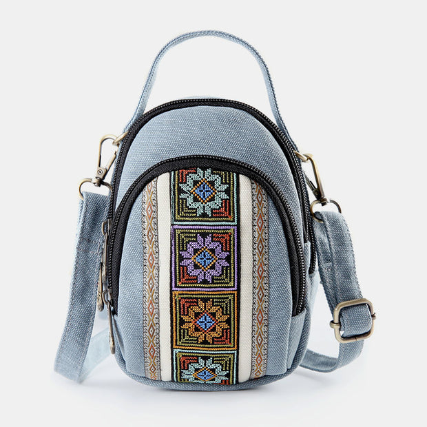 Multi-Pocket Vintage National Floral Embroidery Crossbody Phone Bag