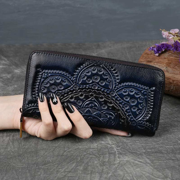 Women Genuine Leather Zip Around Embossing Wallet Large Cowhide Leather Wallet
