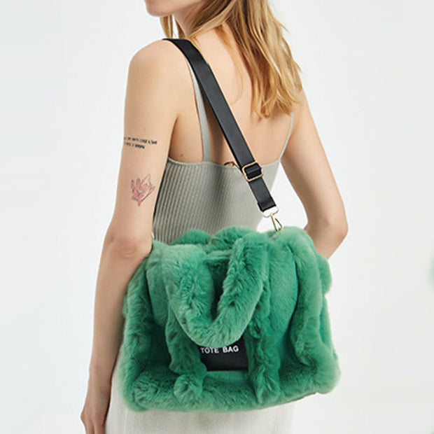 Solid Plush Handbag For Winter Soft Wide Strap Crossbody Bag
