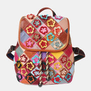 Genuine Leather Colorblock Floral Backpack Drawstring Purses